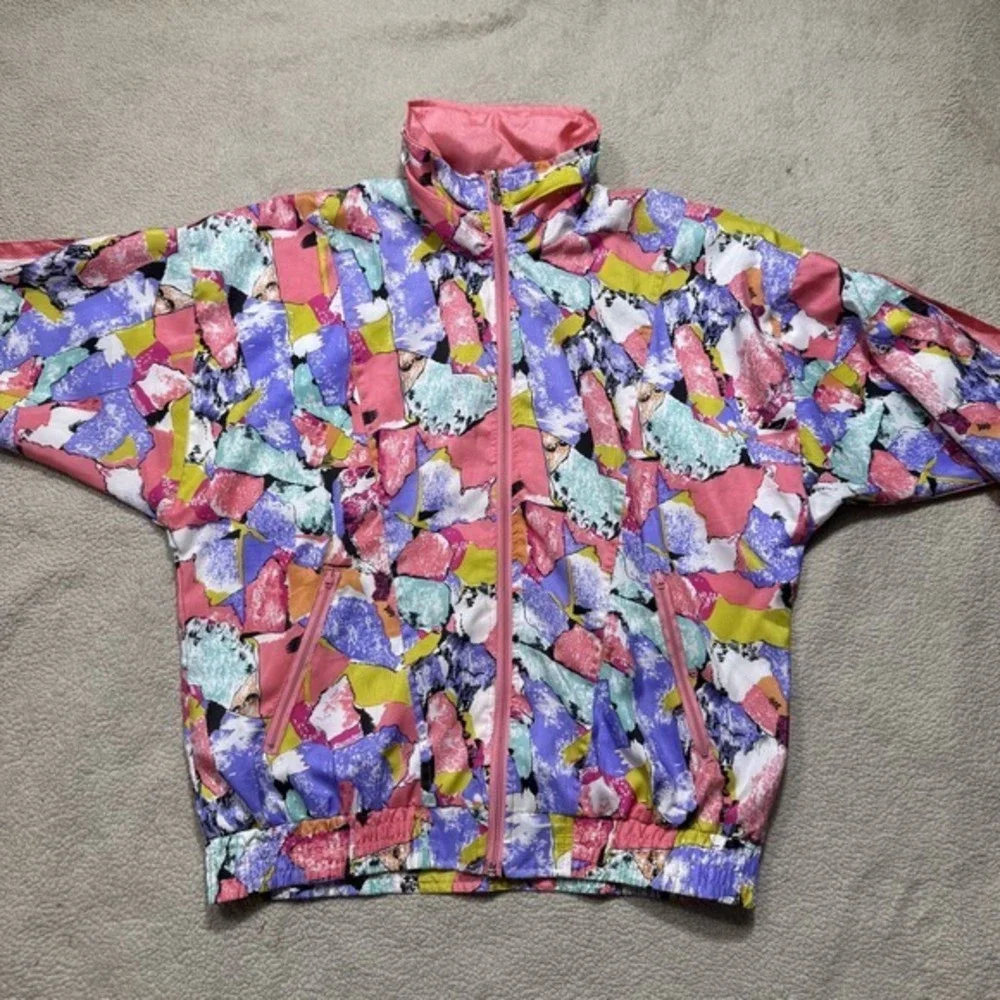 Vintage Lavon Jacket Womens Small Multicolor Abstract Windbreaker Coat 80s Retro